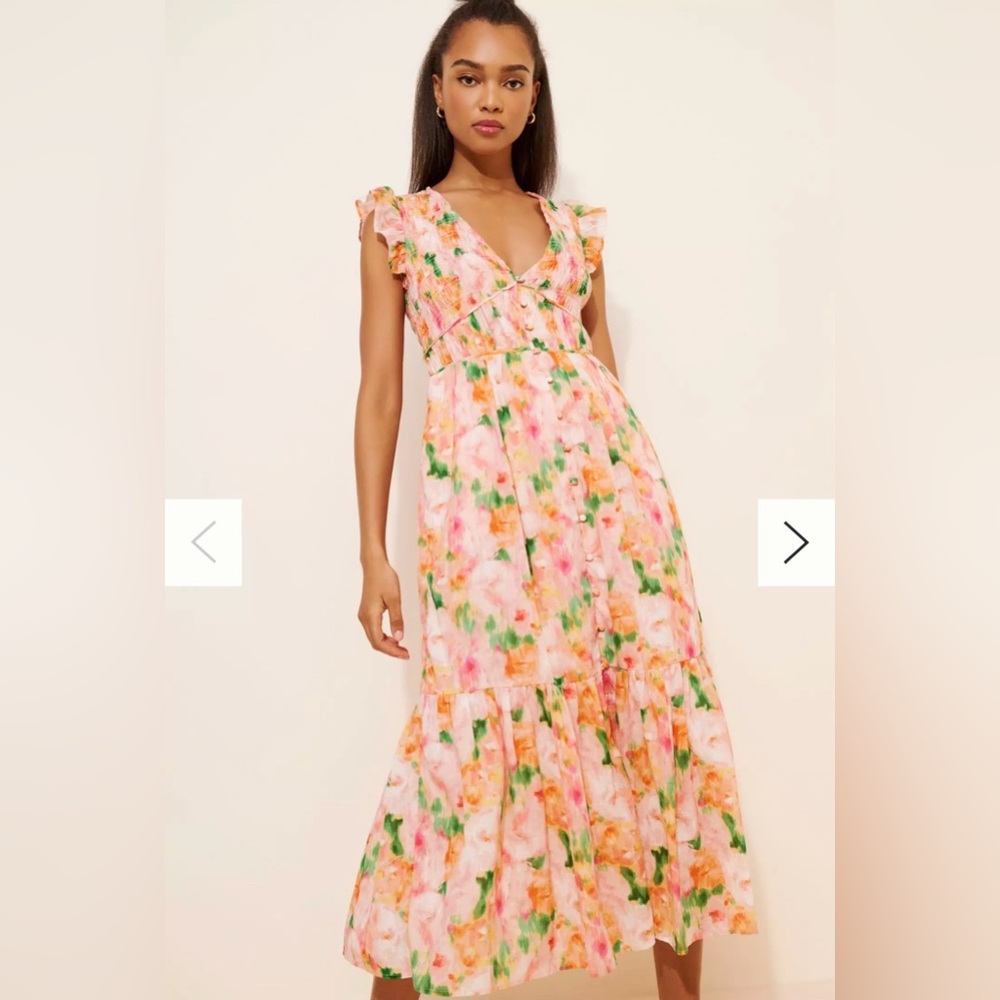 Anthropologie Floral Ruffle V-Neck Maxi Dress - Pink Floral